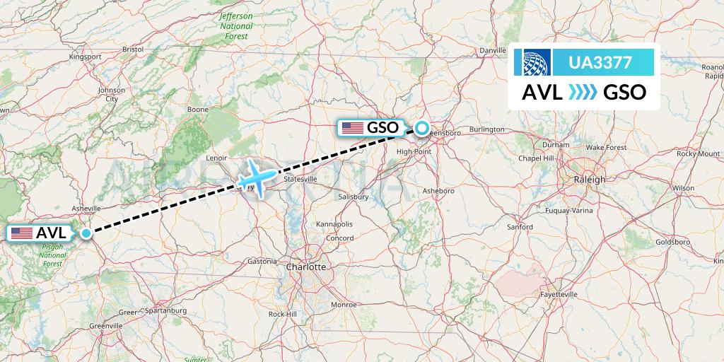 UA3377 United Airlines Flight Map: Asheville to Greensboro