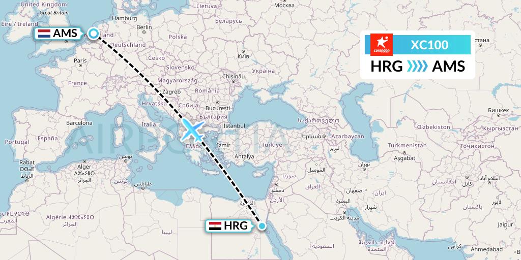 XC100 Corendon Airlines Flight Map: Hurghada to Amsterdam