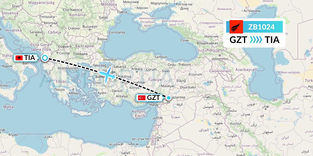 ZB1024 Air Albania Flight Map: Gaziantep to Tirana