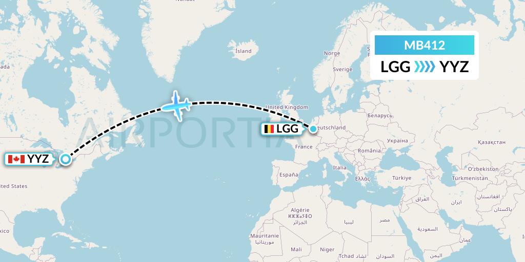 MB412 MNG Airlines Flight Map: Liege to Toronto