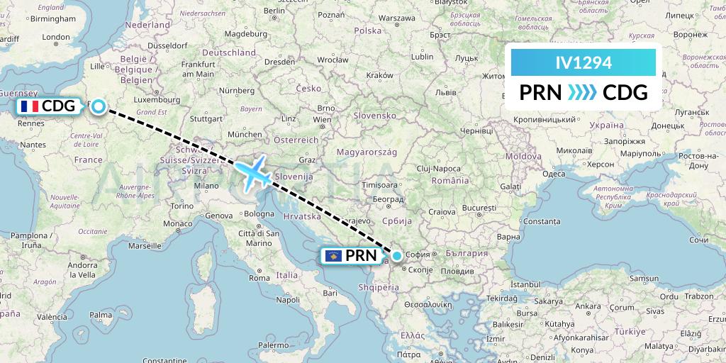 IV1294 VVB Aviation Malta Flight Map: Pristina to Paris