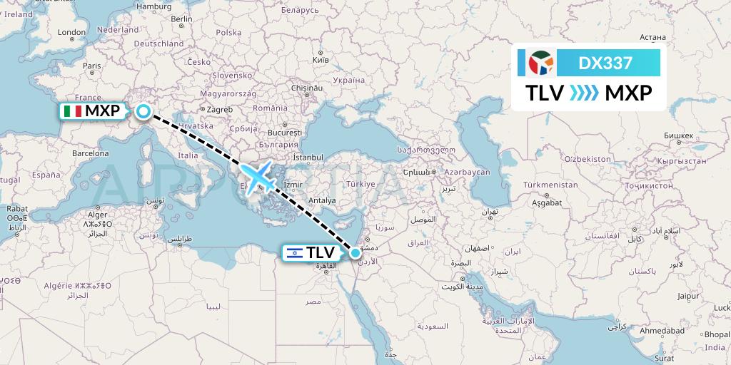 DX337 Danish Air Transport Flight Map: Tel Aviv to Milan