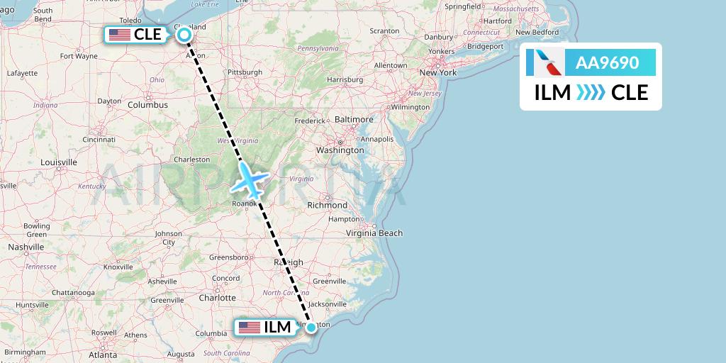 AA9690 American Airlines Flight Map: Wilmington to Cleveland