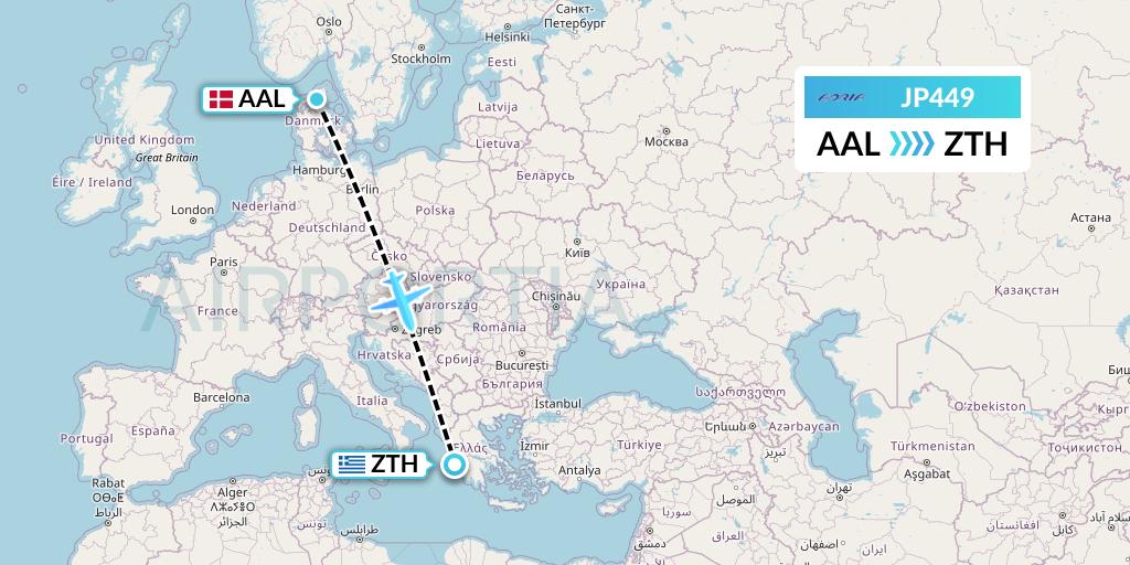 JP449 Adria Airways Flight Map: Aalborg to Zakynthos