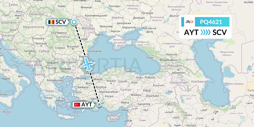 PQ4621 SkyUp Airlines Flight Map: Antalya to Suceava