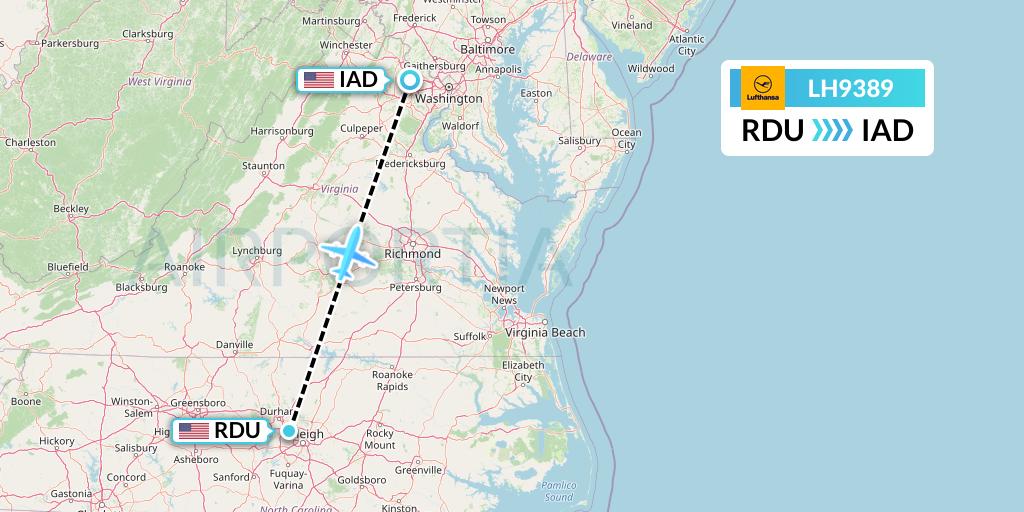 LH9389 Lufthansa Flight Map: Raleigh-Durham to Washington