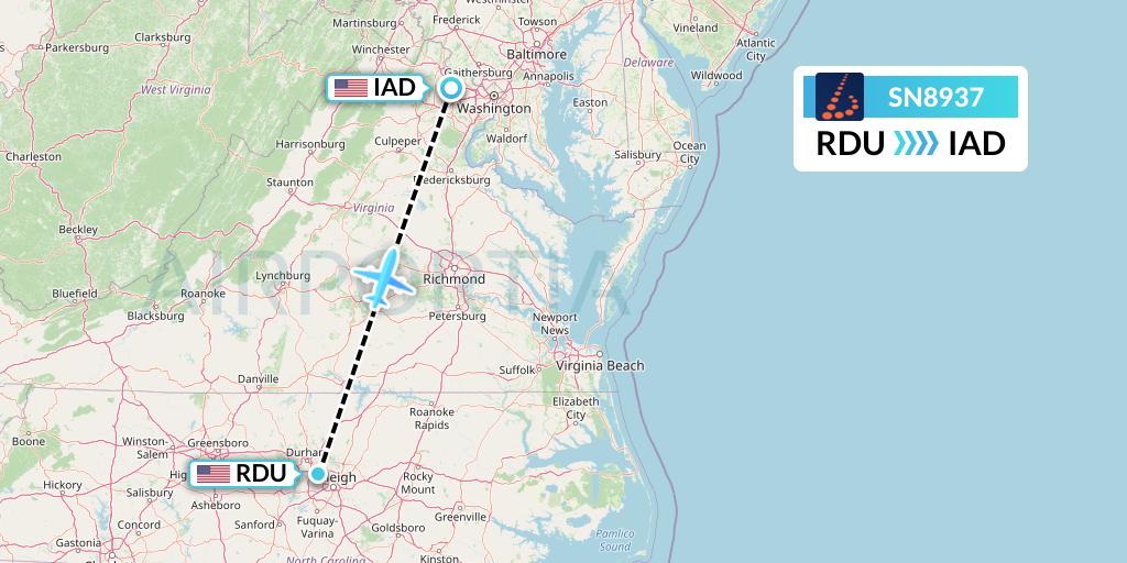 SN8937 Brussels Airlines Flight Map: Raleigh-Durham to Washington