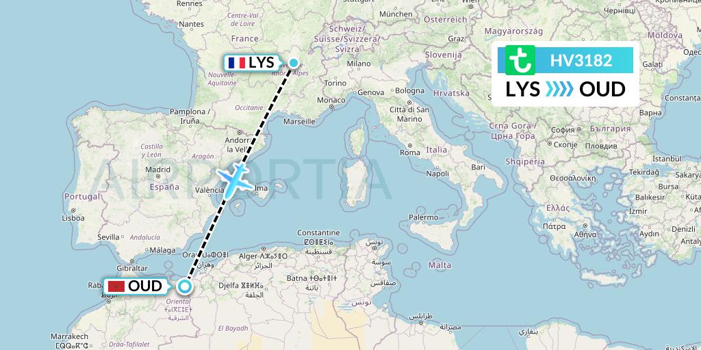 HV3182 Transavia Flight Map: Lyon to Oujda
