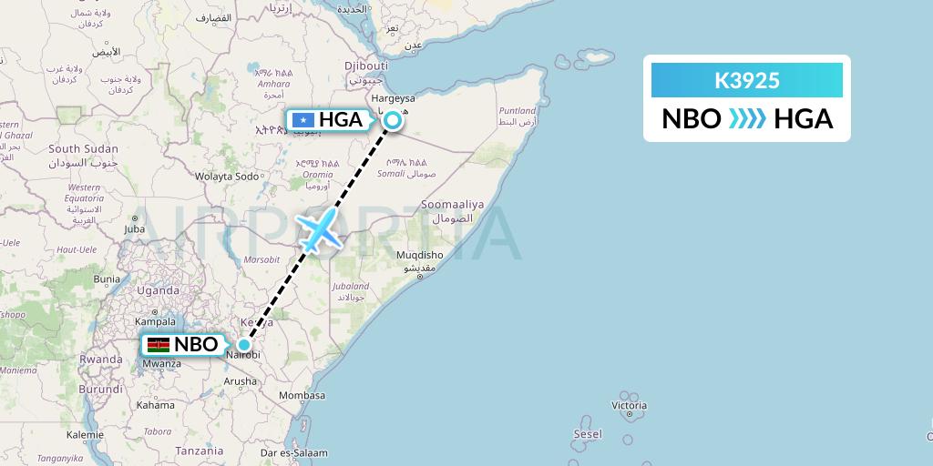 K3925 Taquan Air Flight Map: Nairobi to Hargeisa