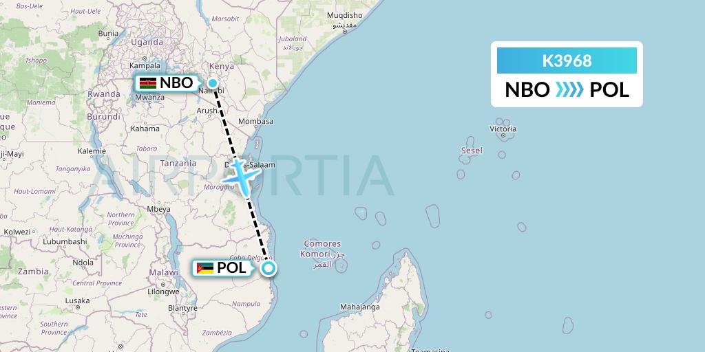 K3968 Taquan Air Flight Map: Nairobi to Pemba