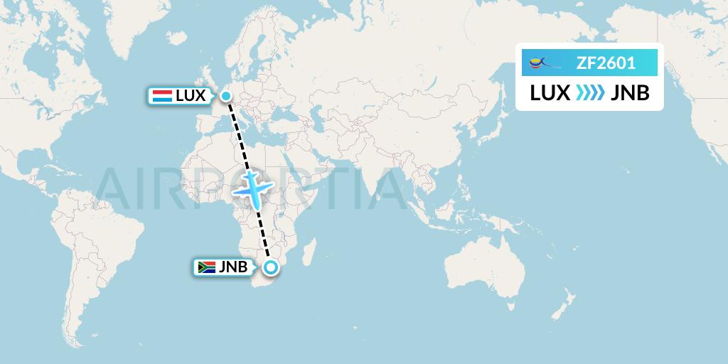 ZF2601 Azur Air Flight Map: Luxembourg to Johannesburg