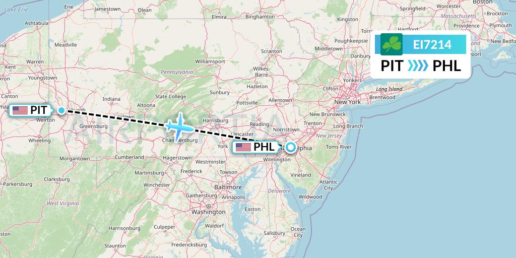 EI7214 Aer Lingus Flight Map: Pittsburgh to Philadelphia