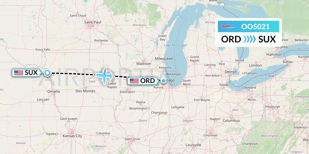 OO5021 SkyWest Airlines Flight Map: Chicago to Sioux City