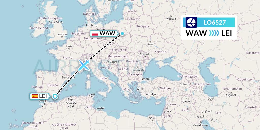 LO6527 LOT Flight Map: Warsaw to Almeria