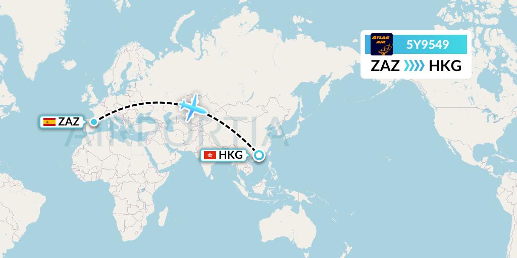 5Y9549 Atlas Air Flight Map: Zaragoza to Hong Kong