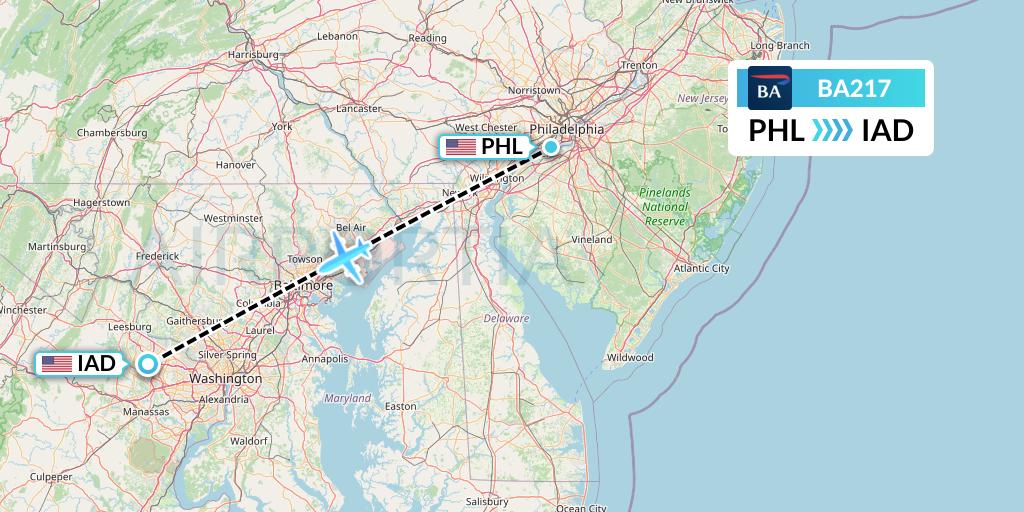 BA217 British Airways Flight Map: Philadelphia to Washington