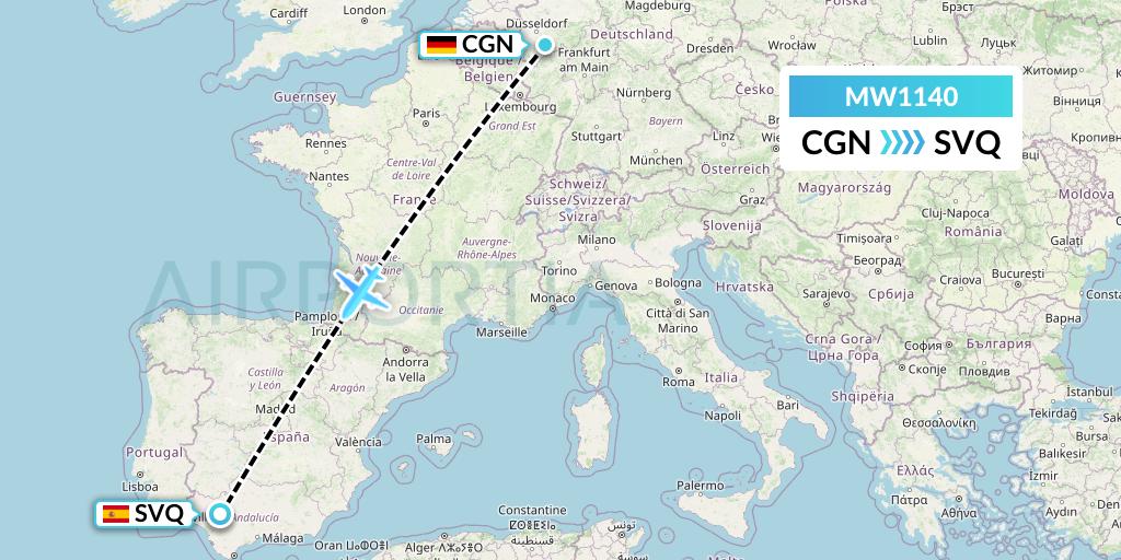 MW1140 Mokulele Flight Service Flight Map: Cologne to Seville