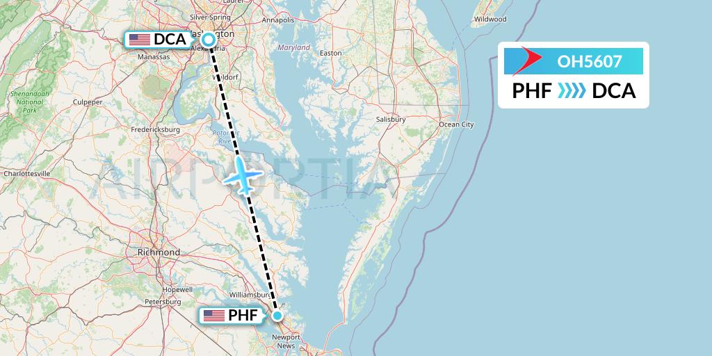 OH5607 PSA Airlines Flight Map: Newport News to Washington