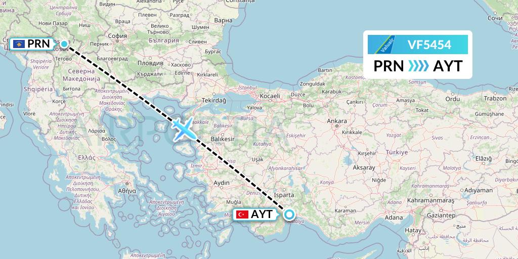VF5454 ValuAir Flight Map: Pristina to Antalya
