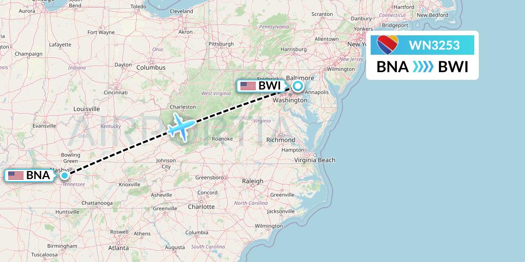 WN3253 Southwest Airlines Flight Map: Nashville to Baltimore