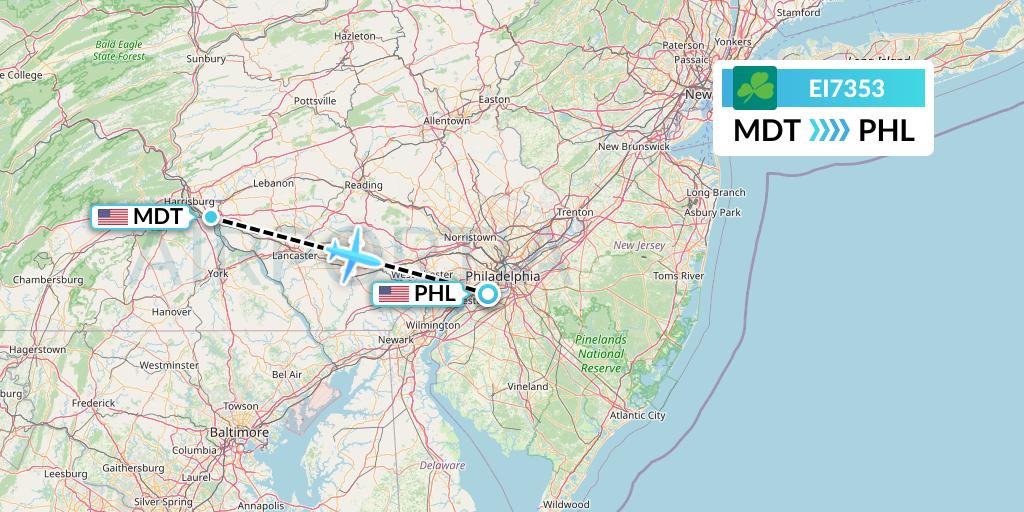 EI7353 Aer Lingus Flight Map: Harrisburg to Philadelphia