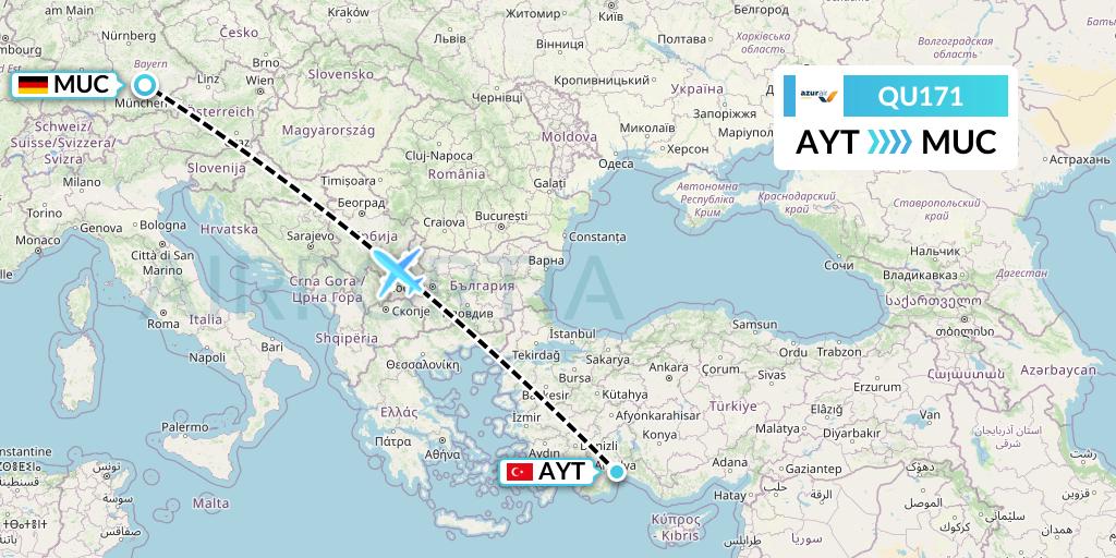 QU171 Azur Air Ukraine Flight Map: Antalya to Munich