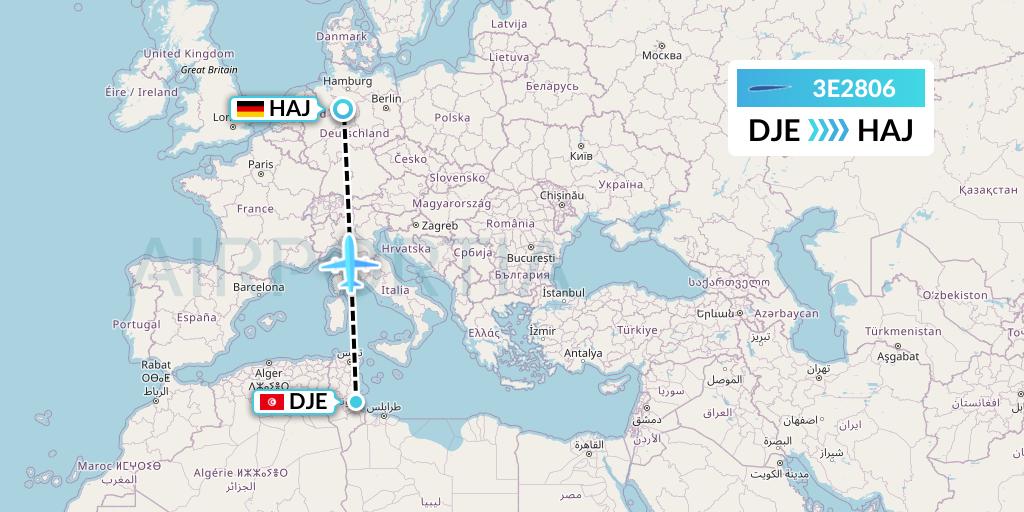 3E2806 Air Choice One Flight Map: Djerba to Hannover