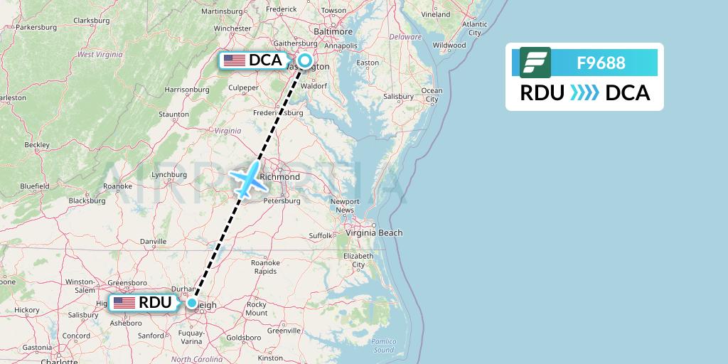 F9688 Frontier Airlines Flight Map: Raleigh-Durham to Washington