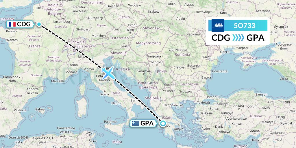 5O733 ASL Airlines France Flight Map: Paris to Patras