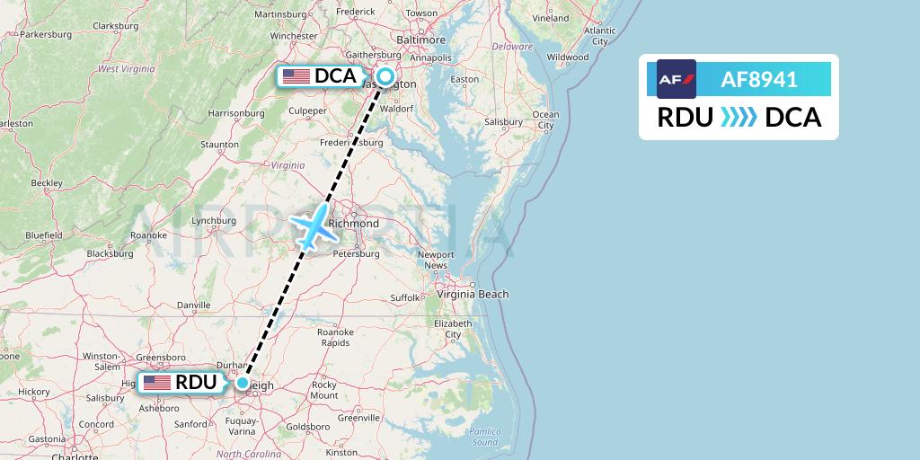 AF8941 Air France Flight Map: Raleigh-Durham to Washington