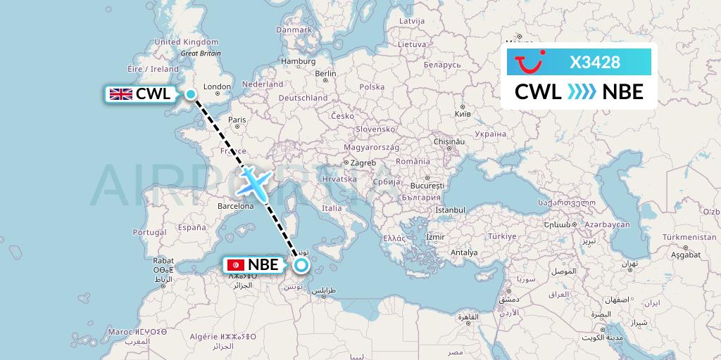 X3428 TUI fly Germany Flight Map: Cardiff to Enfidha