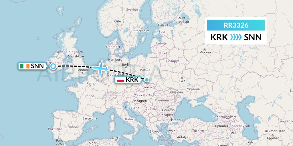 RR3326 Royal Air Force Flight Map: Krakow to Shannon
