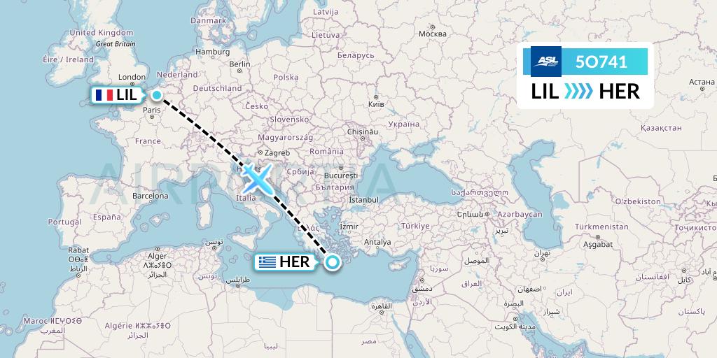 5O741 ASL Airlines France Flight Map: Lille to Heraklion