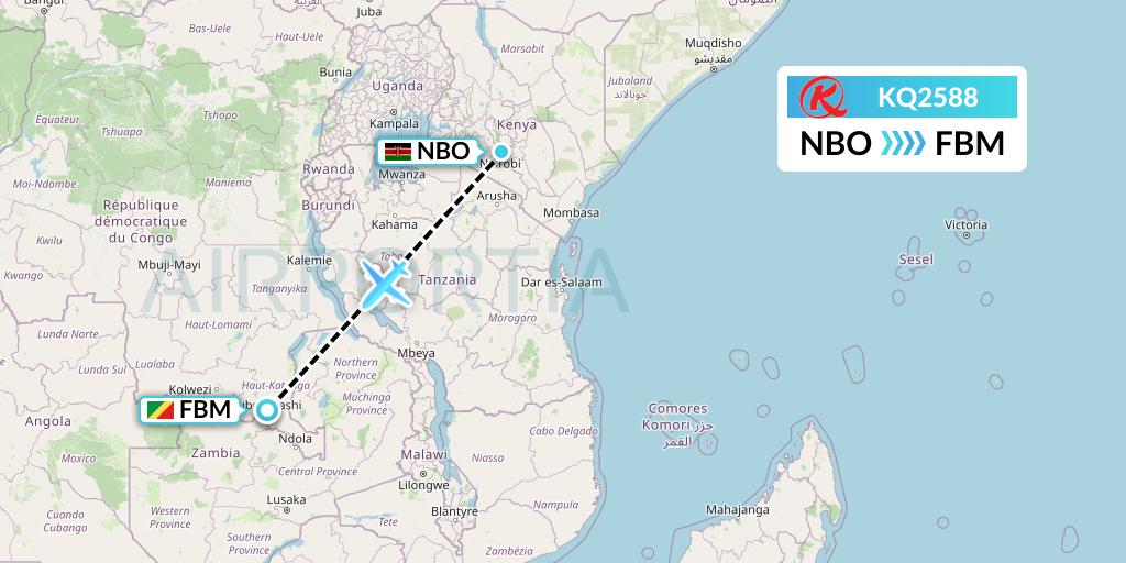 KQ2588 Kenya Airways Flight Map: Nairobi to Lubumbashi
