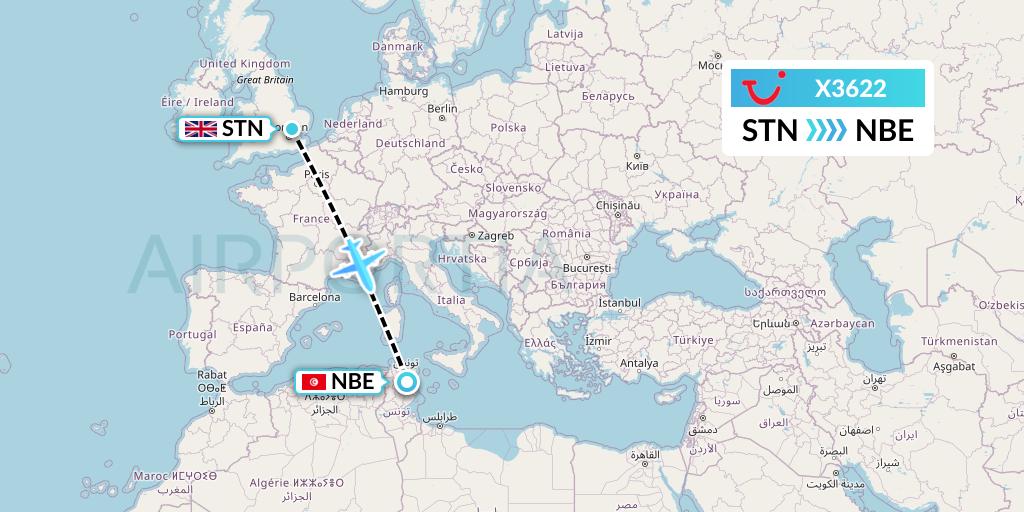 X3622 TUI fly Germany Flight Map: London to Enfidha