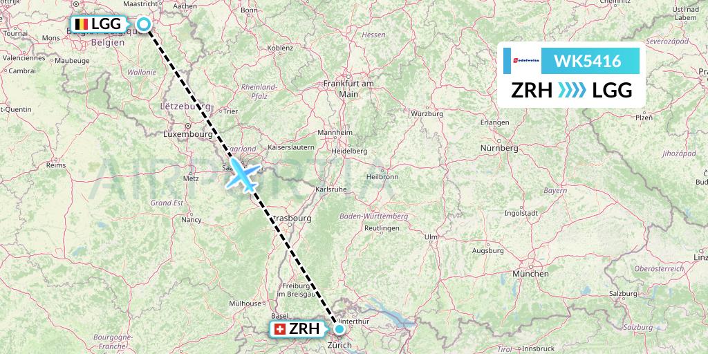 WK5416 Edelweiss Air Flight Map: Zurich to Liege