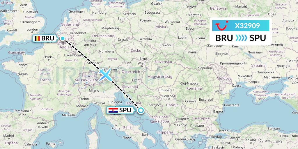 X32909 TUI fly Germany Flight Map: Brussels to Split