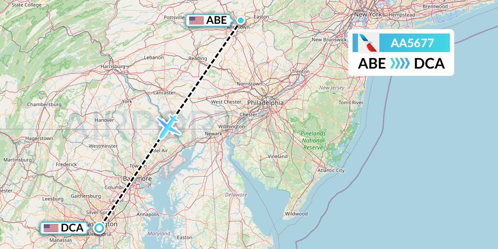 AA5677 American Airlines Flight Map: Allentown to Washington