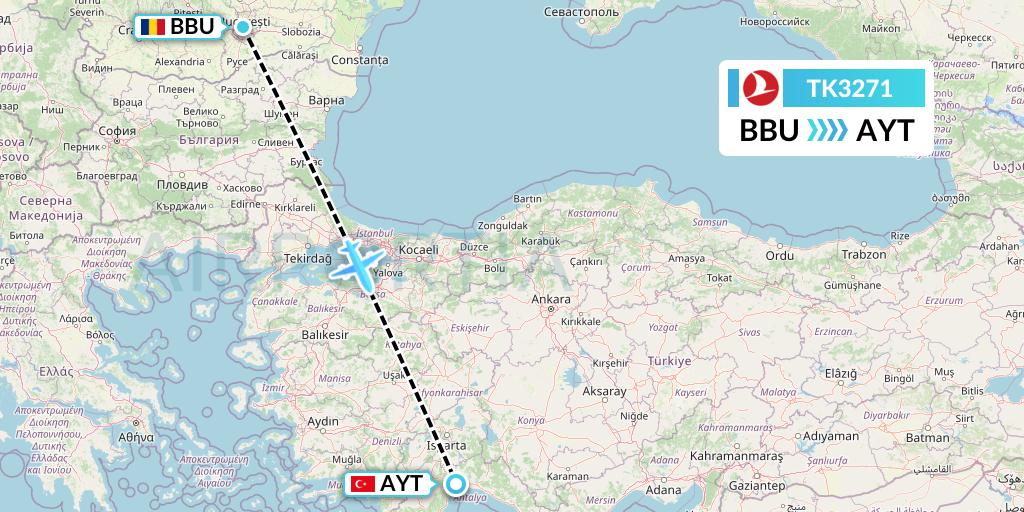 TK3271 Turkish Airlines Flight Map: Bucharest to Antalya