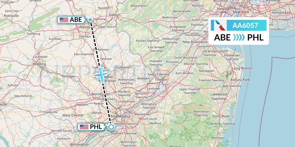AA6057 American Airlines Flight Map: Allentown to Philadelphia