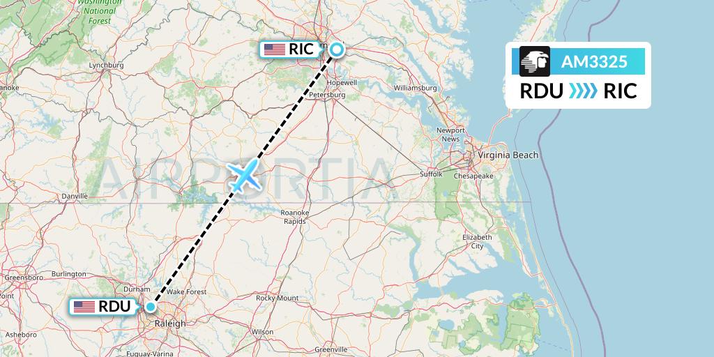 AM3325 Aeromexico Flight Map: Raleigh-Durham to Richmond
