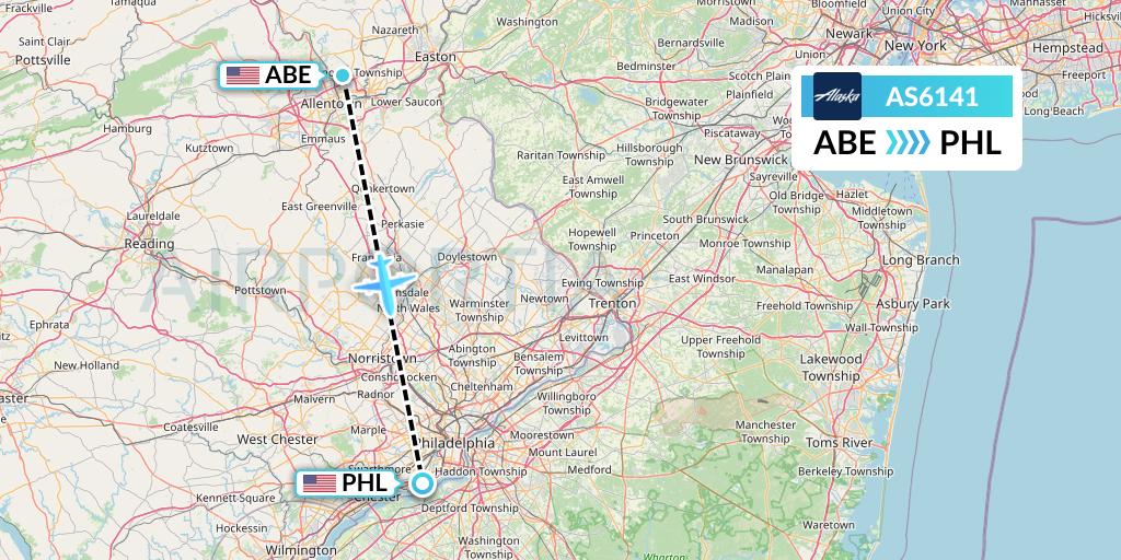 AS6141 Alaska Airlines Flight Map: Allentown to Philadelphia