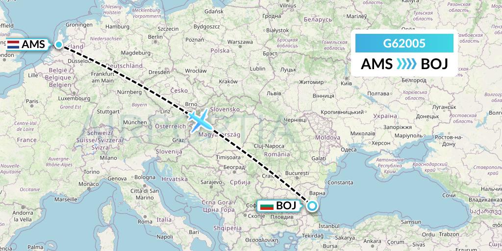 G62005 Fly Arna Flight Map: Amsterdam to Burgas