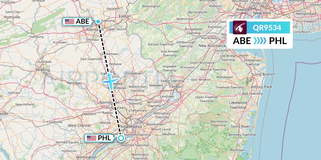 QR9534 Qatar Airways Flight Map: Allentown to Philadelphia