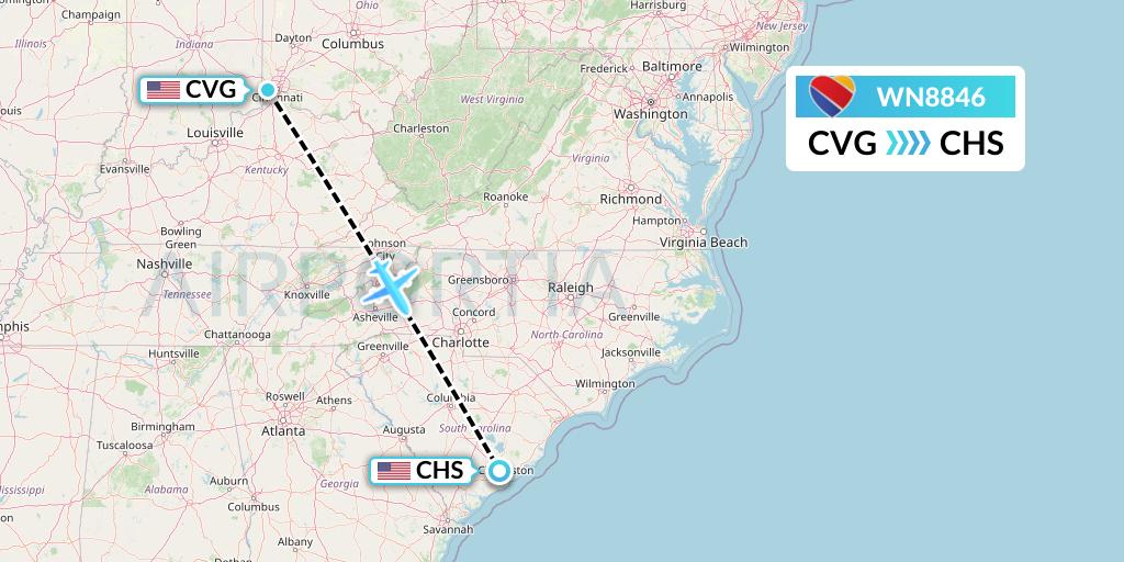 WN8846 Southwest Airlines Flight Map: Cincinnati to Charleston
