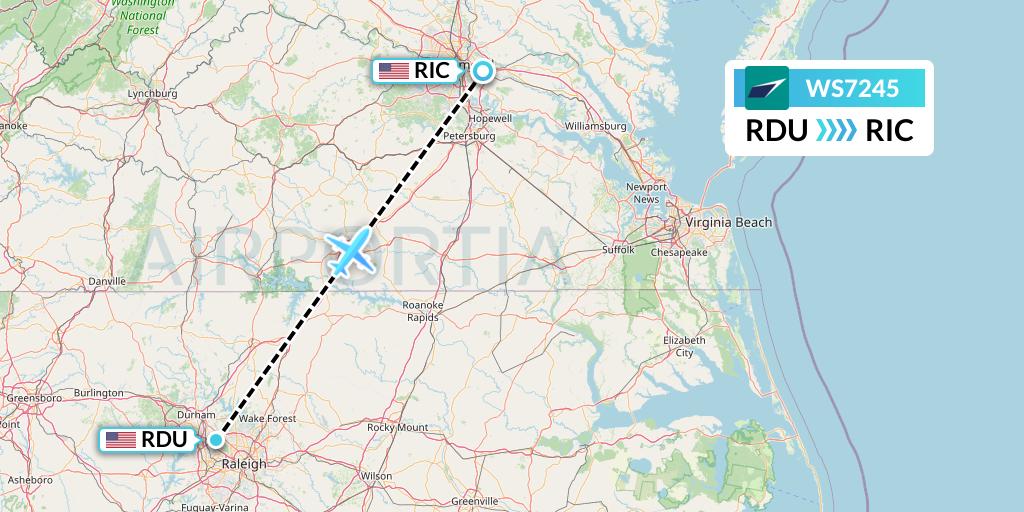 WS7245 WestJet Flight Map: Raleigh-Durham to Richmond