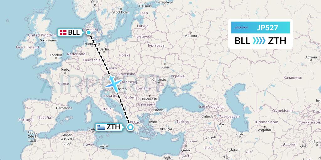 JP527 Adria Airways Flight Map: Billund to Zakynthos