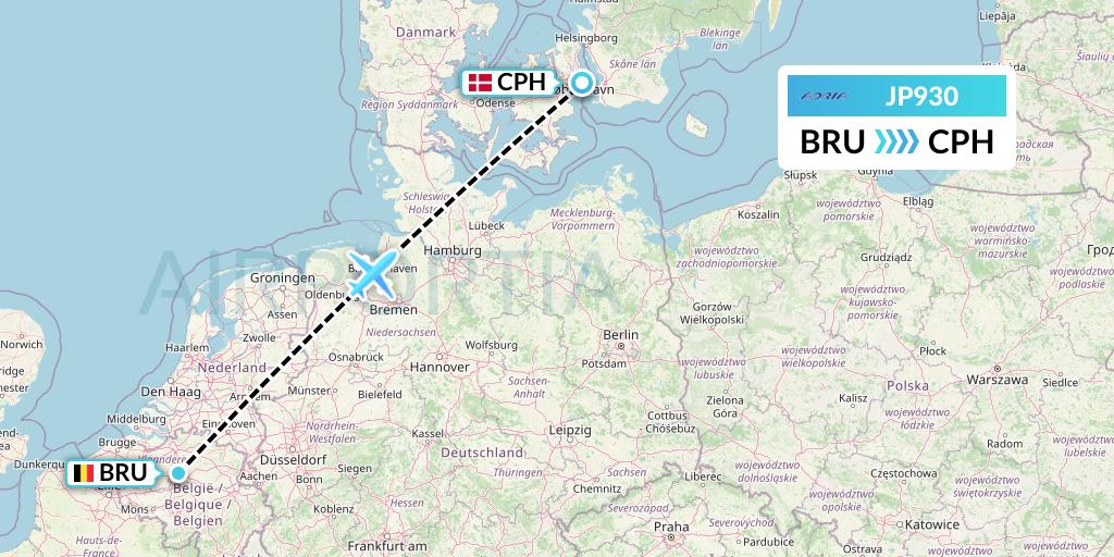 JP930 Adria Airways Flight Map: Brussels to Copenhagen