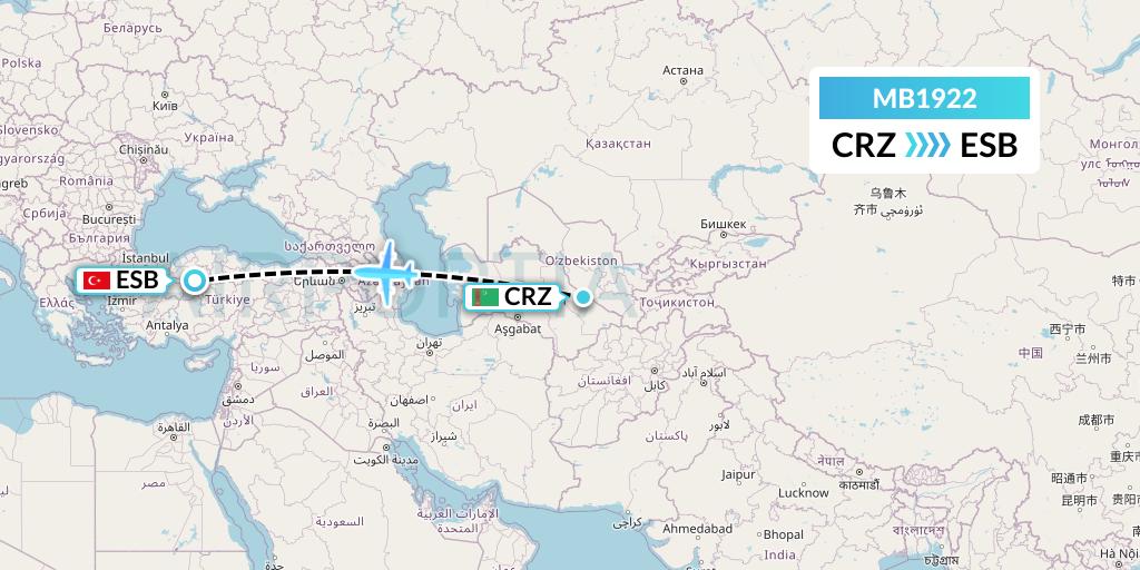 MB1922 MNG Airlines Flight Map: Turkmenabat to Ankara