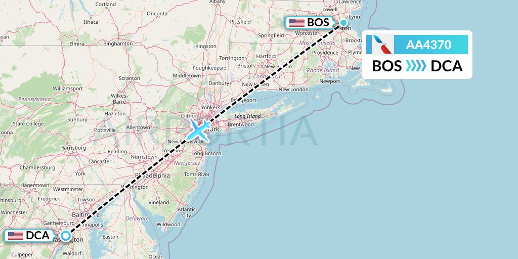 AA4370 American Airlines Flight Map: Boston to Washington
